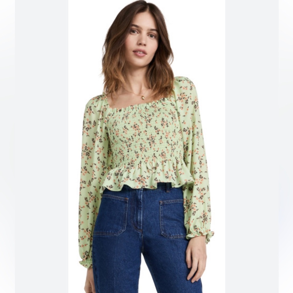 WAYF Anthropologie mint green floral blouse Size S